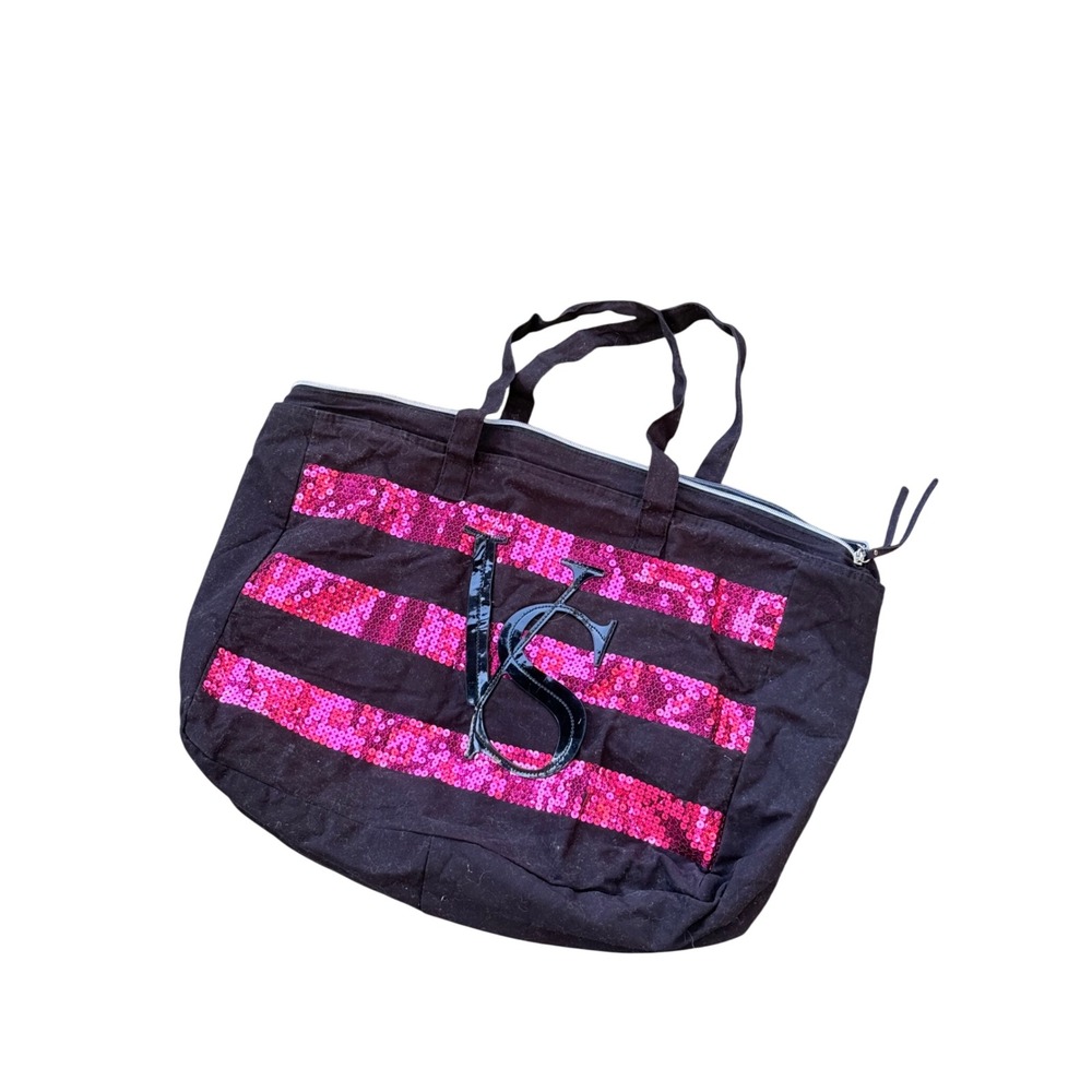 Y2K Mcbling Victoria's Secret Black Pink Sequin Stripe Tote Bag VS Logo & Zipper